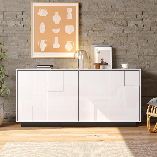 Komoda, bílá a černá, 4 dvířka, geometrický design, 160 cm
