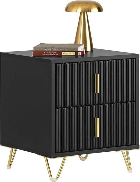 Moderní noční stolek Rootz se 2 zásuvkami – konferenční stolek – odkládací stolek – chrániče podlahy odolné proti poškrábání – elegantní černozlatý design – snadná montáž – 40 cm x 47 cm x 40 cm