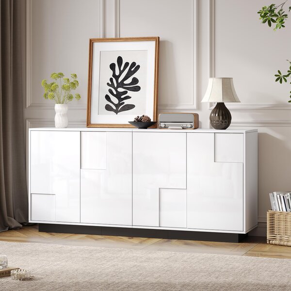 Komoda, bílá a černá, 4 dvířka, geometrický design, 160 cm