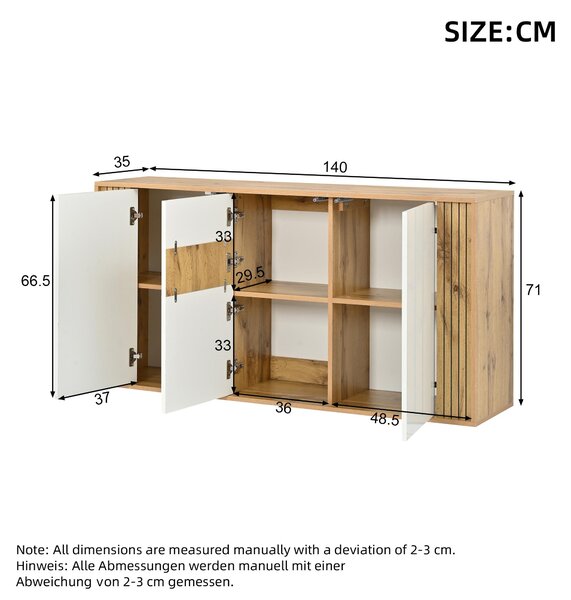 Komoda, bílá s přírodními prvky, 3 dveře, vlnitý vzor, vysoký lesk, nosnost 60 kg