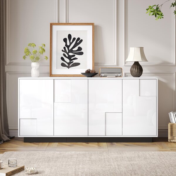 Komoda, bílá a černá, 4 dvířka, geometrický design, 160 cm