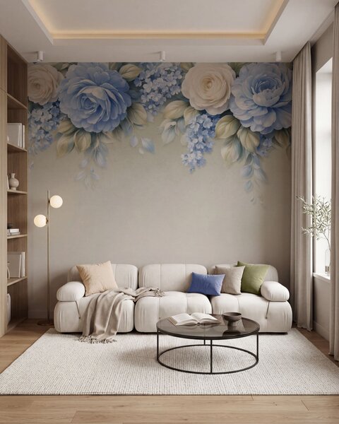 Fototapety Jemné růže a květinové kytice v botanické kompozici inspirované porcelánem, s jemně vrstvenými, Fototapety květiny, w05495 : uwalls.cz