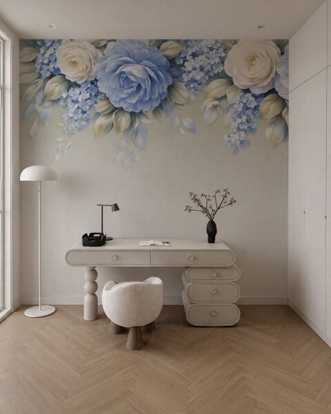 Fototapety Jemné růže a květinové kytice v botanické kompozici inspirované porcelánem, s jemně vrstvenými, Fototapety květiny, w05495 : uwalls.cz