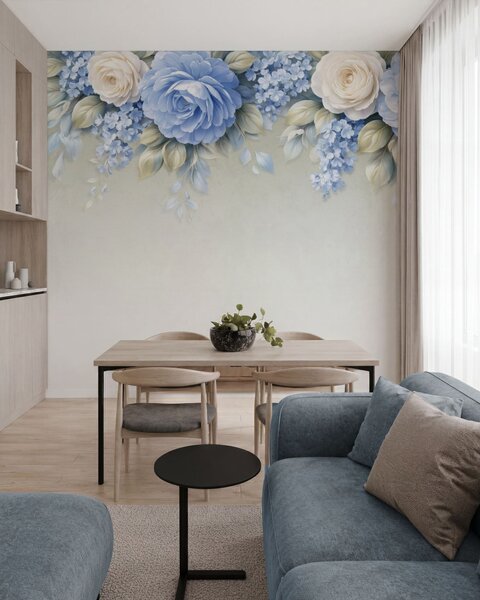 Fototapety Jemné růže a květinové kytice v botanické kompozici inspirované porcelánem, s jemně vrstvenými, Fototapety květiny, w05495 : uwalls.cz