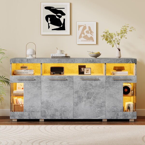 Šedá komoda, vysoký lesk, s LED osvětlením, skleněné dvířka, 3 přihrádky, rozměry 140x40x70 cm