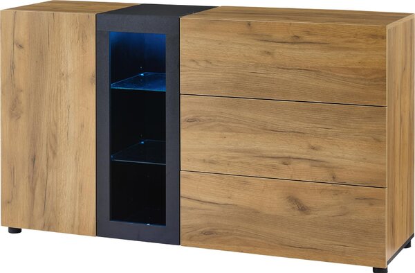 Komoda, moderní servírovací nábytek, 3 zásuvky + skleněné prvky, šířka 140 cm
