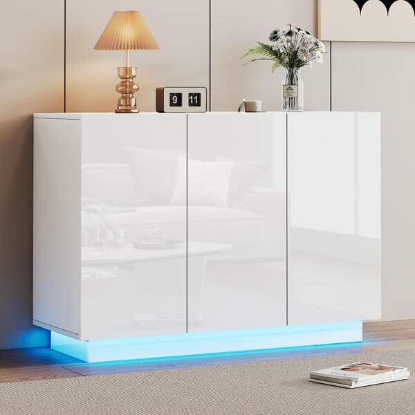 Bílá, lesklá komoda, kombinace otevřených a uzavřených prostor, podsvícení LED, moderní design