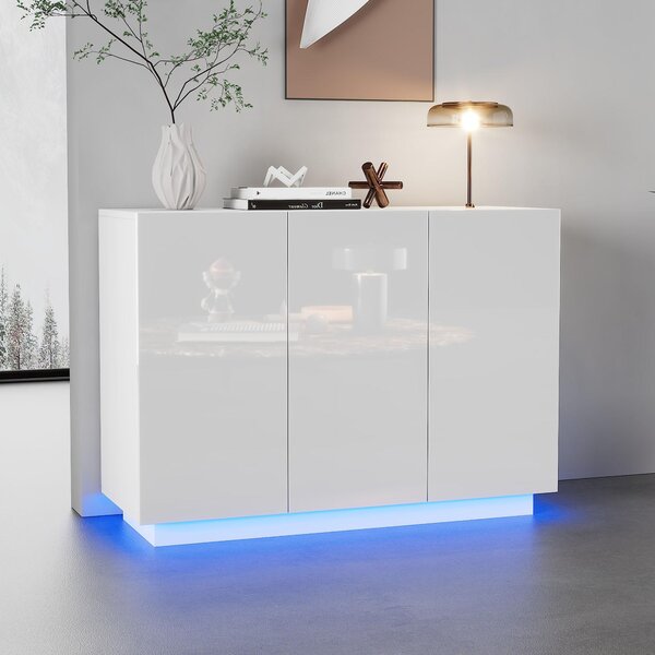 Bílá, lesklá komoda, kombinace otevřených a uzavřených prostor, podsvícení LED, moderní design