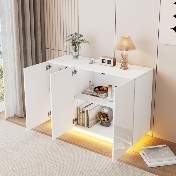 Bílá, lesklá komoda, kombinace otevřených a uzavřených prostor, podsvícení LED, moderní design