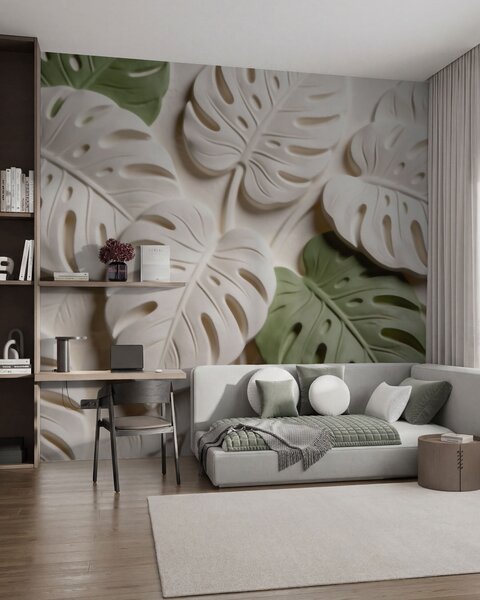Fototapety Reliéfní motivy botanických listů monstery v krémových a zelených odstínech, Fototapety příroda, w09883 : uwalls.cz