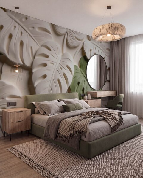 Fototapety Reliéfní motivy botanických listů monstery v krémových a zelených odstínech, Fototapety příroda, w09883 : uwalls.cz