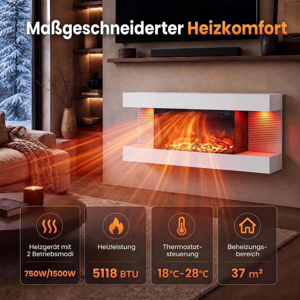 COSTWAY Elektrický krb, 32 palců, třístranný, dekorativní krb s topným výkonem 750W/1500W, nástěnný krb s LED osvětlením, 3D efekt plamenů, 12 barev plamenů a časovač