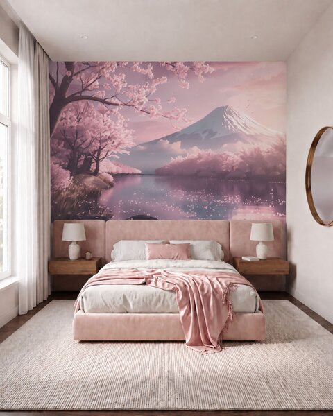 Fototapety Klidná japonská krajina s rozkvetlými třešněmi a horským jezerem při východu slunce, Fototapety příroda, w09864 : uwalls.cz