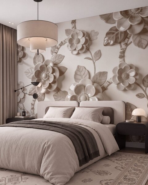 Fototapety Elegantní béžová kompozice z plasticky tvarovaných trojrozměrných květin, Fototapety květiny, w09887v1 : uwalls.cz