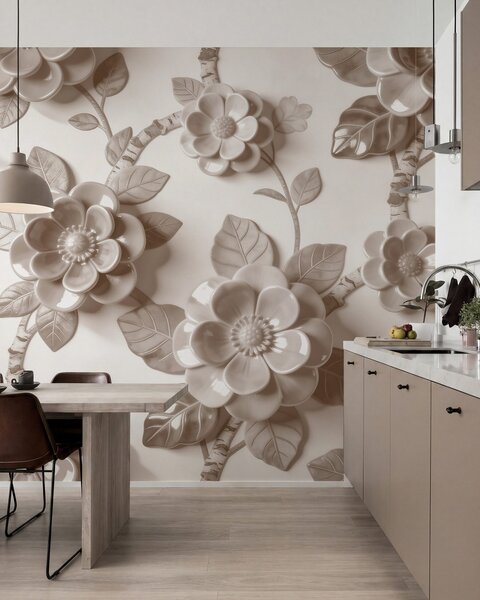 Fototapety Elegantní béžová kompozice z plasticky tvarovaných trojrozměrných květin, Fototapety květiny, w09887v1 : uwalls.cz