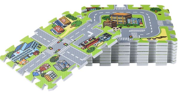 Dětská puzzle podložka s motivem města, 9 dílů, EVA pěna