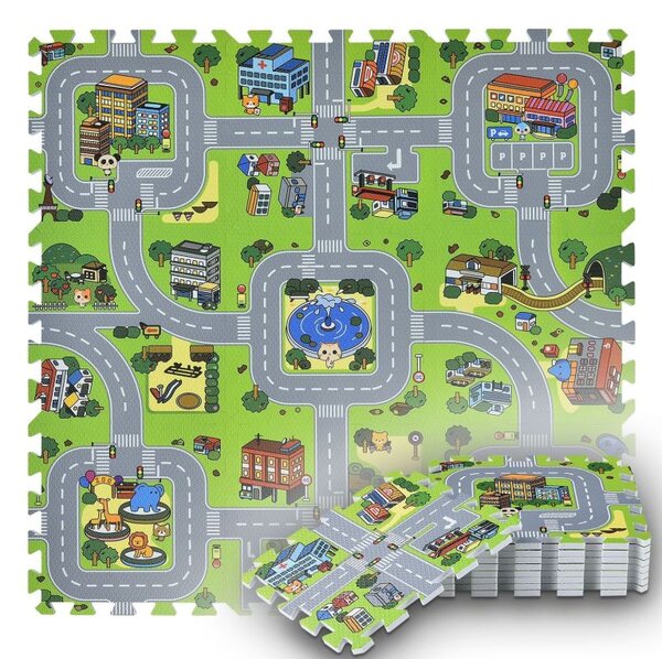 Dětská puzzle podložka s motivem města, 9 dílů, EVA pěna