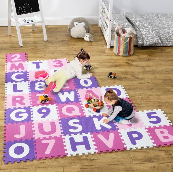 Dětská puzzle podložka s písmeny a čísly 189x189 cm, růžová