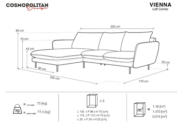 -25 % Dny MOMENTI– Cosmopolitan Design Sametová rohová pohovka Vienna 255 cm, levá