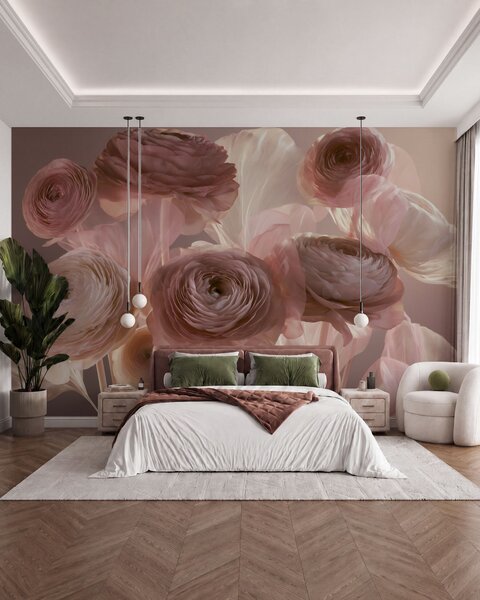 Fototapety Velké umělecké květy ranunculusů v jemných růžových a krémových odstínech, Fototapety květiny, w09921 : uwalls.cz