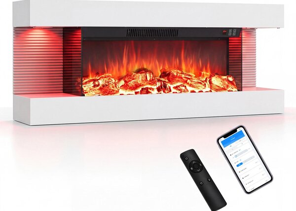 COSTWAY Elektrický krb, 32 palců, třístranný, dekorativní krb s topným výkonem 750W/1500W, nástěnný krb s LED osvětlením, 3D efekt plamenů, 12 barev plamenů a časovač