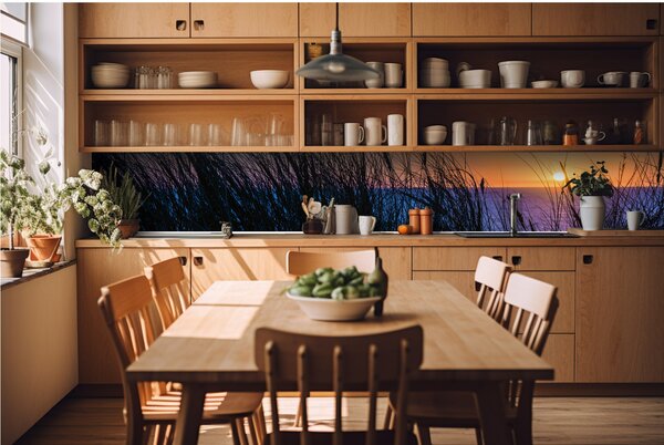 DIMEX | Fototapeta do kuchyně Západ slunce nad oceánem KI-420-203 | 420 x 60 cm | modrá, černá, oranžová