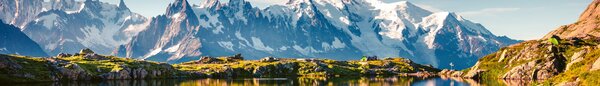 DIMEX | Fototapeta do kuchyně Jezero Lac Blanc KI-420-205 | 420 x 60 cm | modrá, bílá, zelená