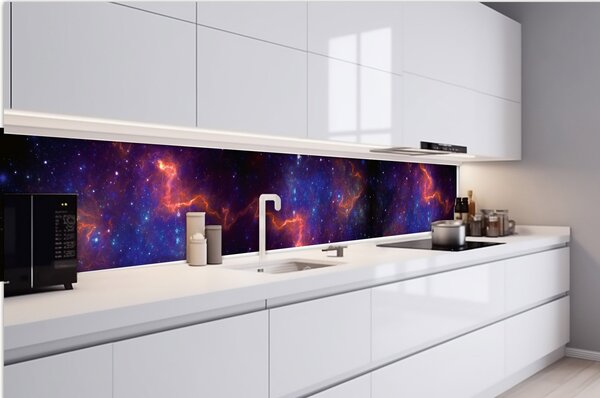 DIMEX | Fototapeta do kuchyně Barevná galaxie KI-420-236 | 420 x 60 cm | modrá, fialová, černá, oranžová