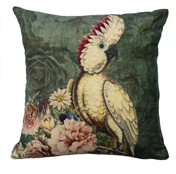 Zelený sametový polštář s dekorem květin a kakadu Cockatoo - 45*45*17cm - Mars & More