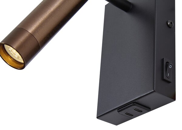 Moderní nástěnná lampa černá s tmavě bronzovou nastavitelná s USB-C - Croft