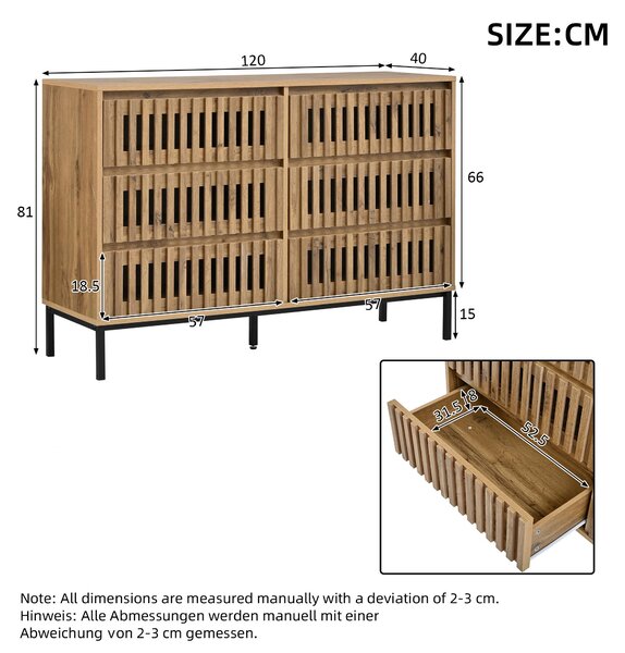 Komoda, 6 zásuvek, úzká, 5 nohou, barva dřeva, moderní design