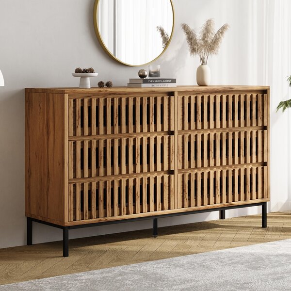 Komoda, 6 zásuvek, úzká, 5 nohou, barva dřeva, moderní design