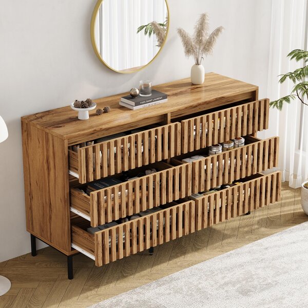 Komoda, 6 zásuvek, úzká, 5 nohou, barva dřeva, moderní design