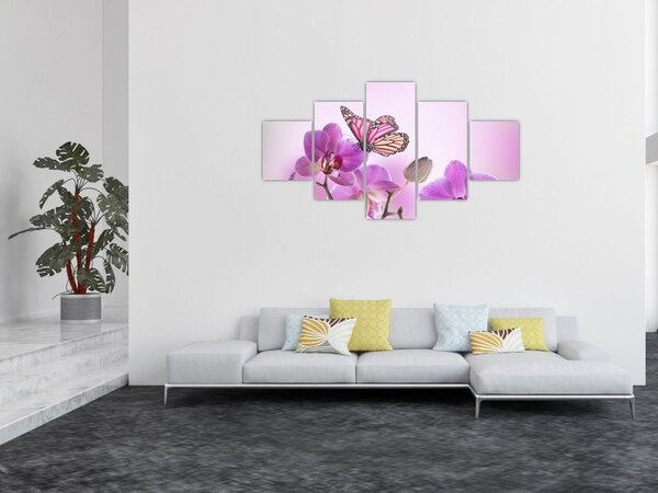Obraz - Motýl na květech orchideje, lila (125x70 cm)