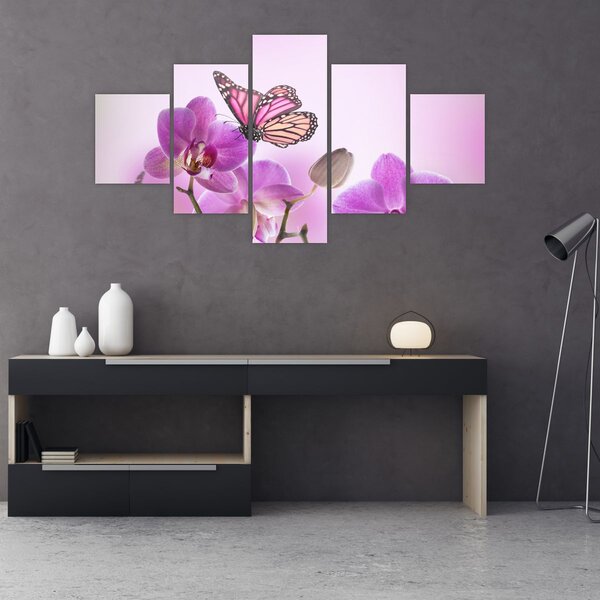 Obraz - Motýl na květech orchideje, lila (125x70 cm)
