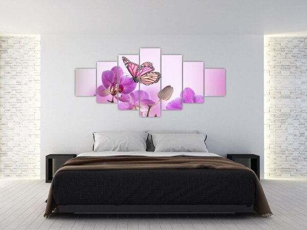 Obraz - Motýl na květech orchideje, lila (210x100 cm)