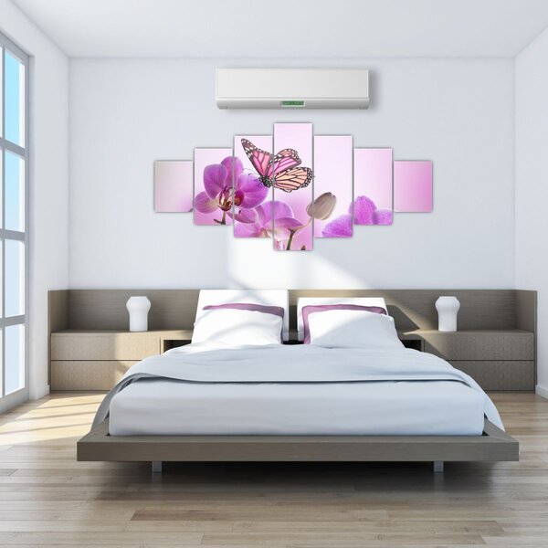Obraz - Motýl na květech orchideje, lila (210x100 cm)
