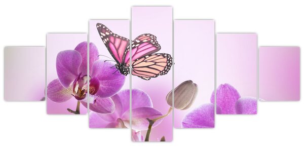 Obraz - Motýl na květech orchideje, lila (210x100 cm)