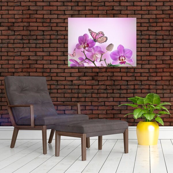 Obraz - Motýl na květech orchideje, lila (70x50 cm)