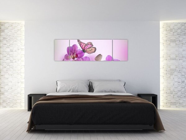 Obraz - Motýl na květech orchideje, lila (170x50 cm)
