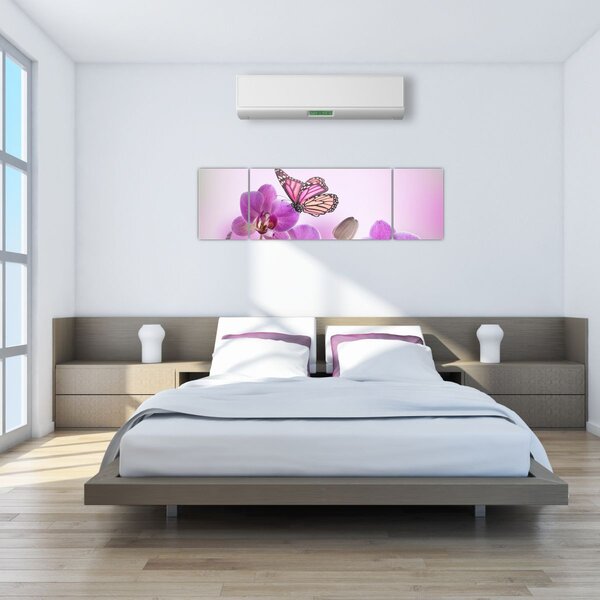 Obraz - Motýl na květech orchideje, lila (170x50 cm)