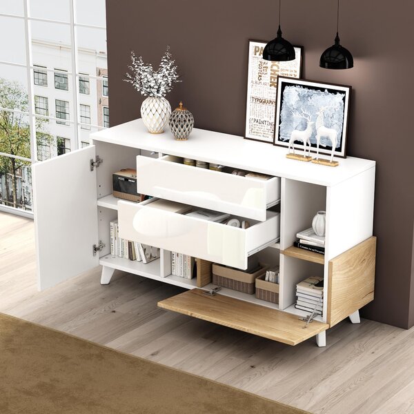 Bílá komoda s vysokým leskem, vzhled dřeva, velký úložný prostor, moderní design