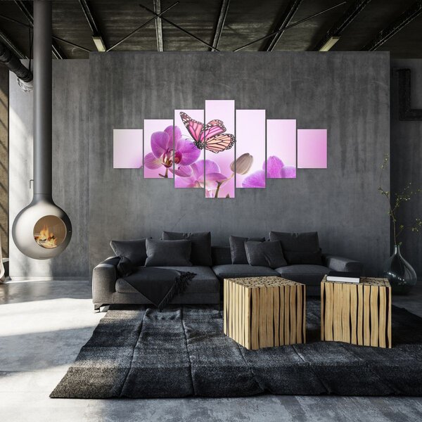 Obraz - Motýl na květech orchideje, lila (210x100 cm)