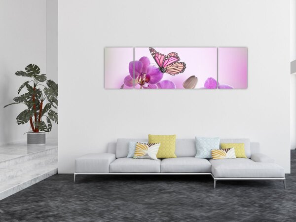 Obraz - Motýl na květech orchideje, lila (170x50 cm)