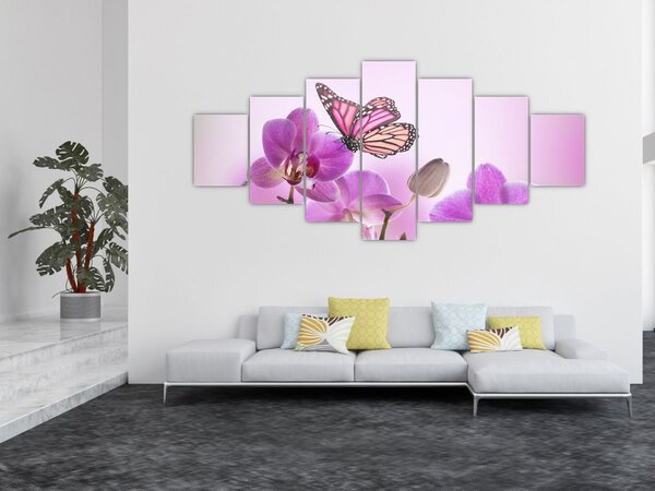 Obraz - Motýl na květech orchideje, lila (210x100 cm)
