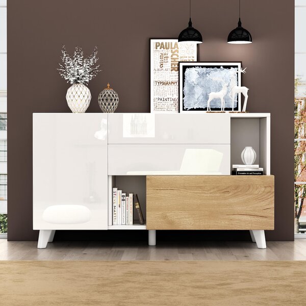Bílá komoda s vysokým leskem, vzhled dřeva, velký úložný prostor, moderní design