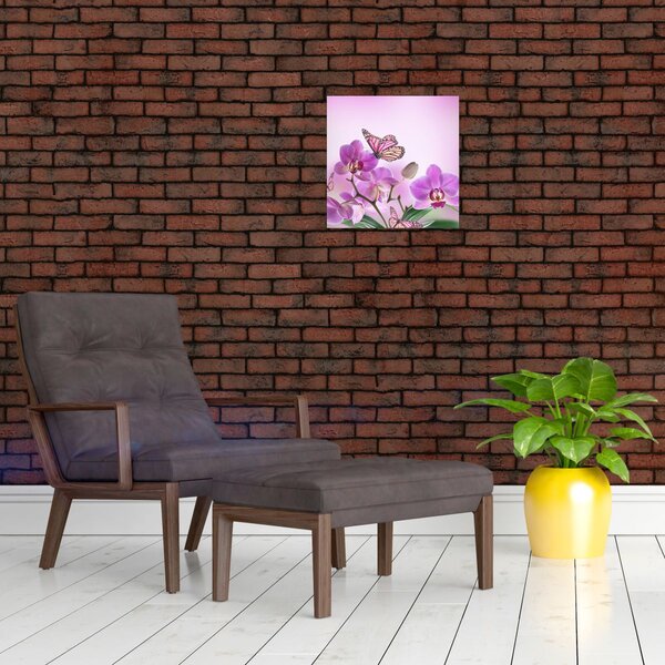 Obraz - Motýl na květech orchideje, lila (30x30 cm)
