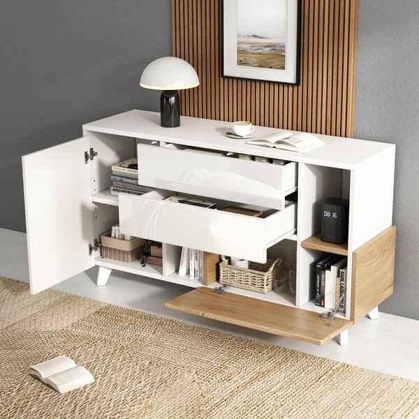 Bílá komoda s vysokým leskem, vzhled dřeva, velký úložný prostor, moderní design