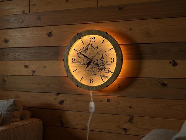 "Hory" světelné hodiny 230V/12V/dub velikost svítidla/hodin: 31 cm