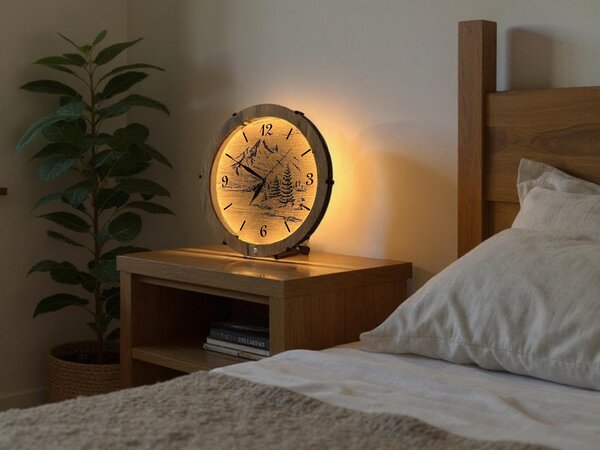"Hory" světelné hodiny 230V/12V/dub velikost svítidla/hodin: 31 cm